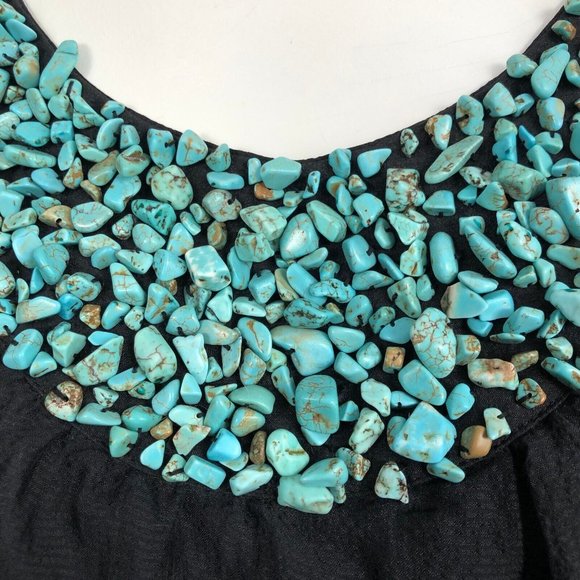 Bebe Black Silk Hand Sewn Turquoise  Nugget Elastic Hem Top Sz S Pre-Own… - Picture 3 of 7